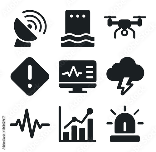 Disaster Monitoring Icons. Solid, filled icons set of disaster monitoring systems: weather radar, flood sensor