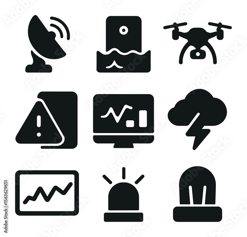 Disaster Monitoring Icons. Solid, filled icons set of disaster monitoring systems: weather radar, flood sensor