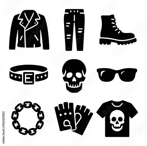 Edgy Street Style Icons. Solid, filled icons set of edgy street style pieces: leather jacket, ripped black