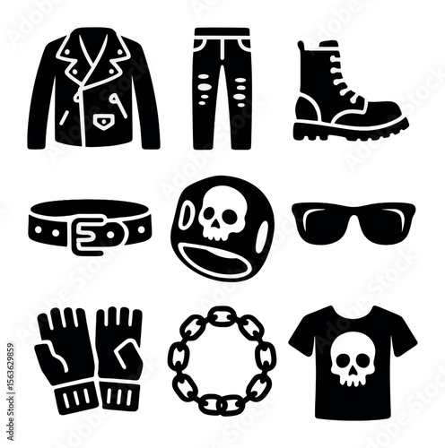 Edgy Street Style Icons. Solid, filled icons set of edgy street style pieces: leather jacket, ripped black