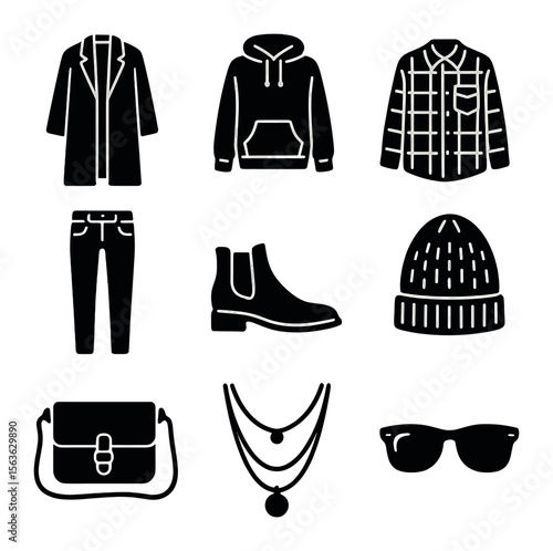 Street Style Icon Set. Solid, filled icons set of street style layering: longline coat, hoodie, plaid shirt,
