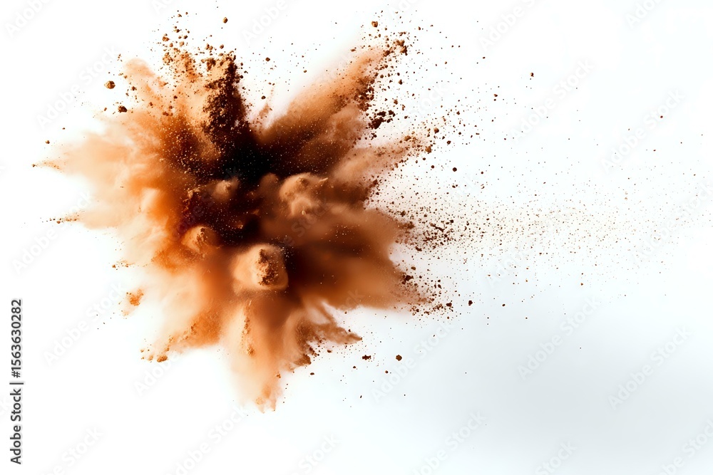 Explosive brown powder burst on white background, dynamic freeze motion of dust particles creating abstract cloud formation. Isolated for creative design use. Explosive brown powder burst on white background, dynamic freeze motion of dust particles creating abstract cloud formation. Isolated for creative design use.