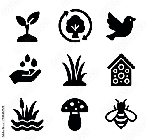 Ecosystem Recovery Icons. Solid, filled icons set of ecosystem recovery symbols: sprouting plant, regrowth