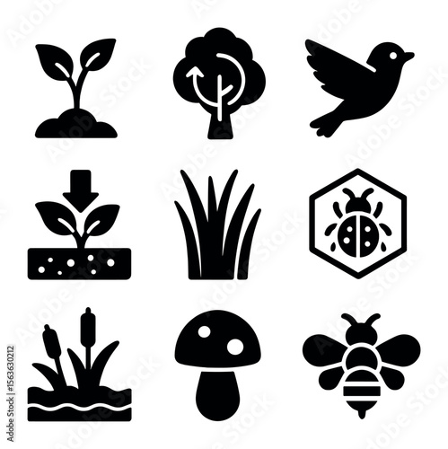 Ecosystem Recovery Icons. Solid, filled icons set of ecosystem recovery symbols: sprouting plant, regrowth