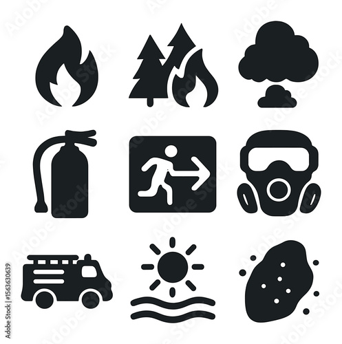 Wildfire Threat Icons. Solid, filled icons set of wildfire threats: flame icon, burning forest, smoke cloud,