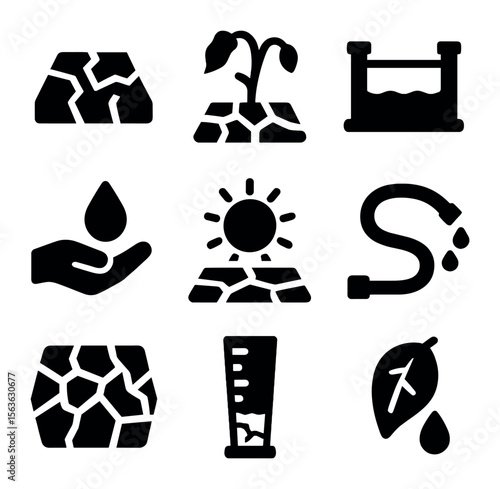 Drought Emergency Icons. Solid, filled icons set of drought emergencies: dried soil, withered plant, empty