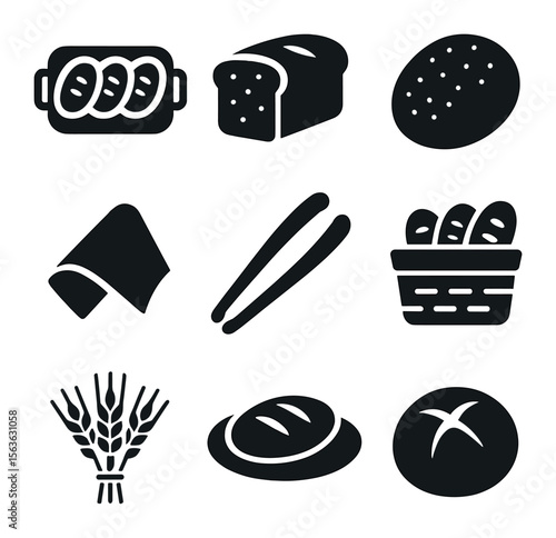 Rustic Bread Icons. Solid, filled icons set of rustic bread displays: wooden tray, sliced loaf, whole grain