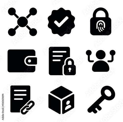 Decentralized Identity Icons. Solid, filled icons set of decentralized identity symbols: blockchain nodes,