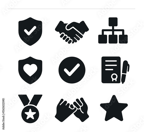 Trust and Integrity Icons. Solid, filled icons set of accountability and trust: trust badge, handshake icon,