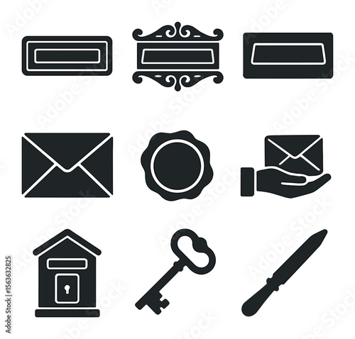 Vintage Mail Icons. Solid, filled icons set of vintage mail slots: brass mail slot, ornate flap, engraved