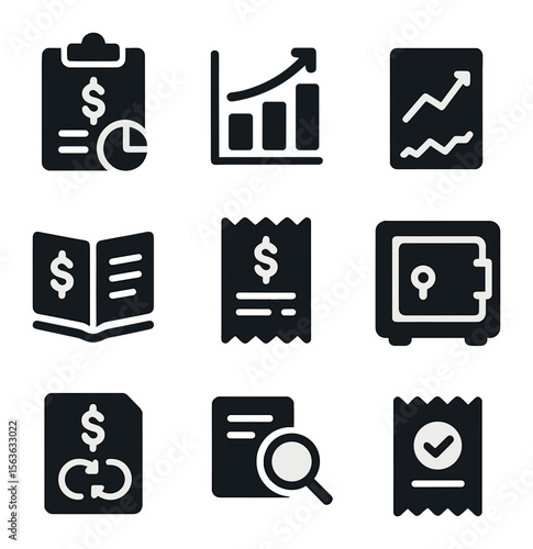 Financial Tool Icons. Solid, filled icons set of financial transparency tools: budget report, expense chart,