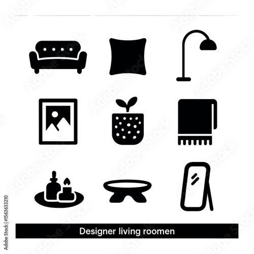 Modern Living Room Icons. Solid, filled icons set of designer living room icons: luxury sofa, plush pillow,