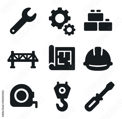Engineering Icon Grid. Solid, filled icons set of engineering activities: wrench, gear set, building blocks,