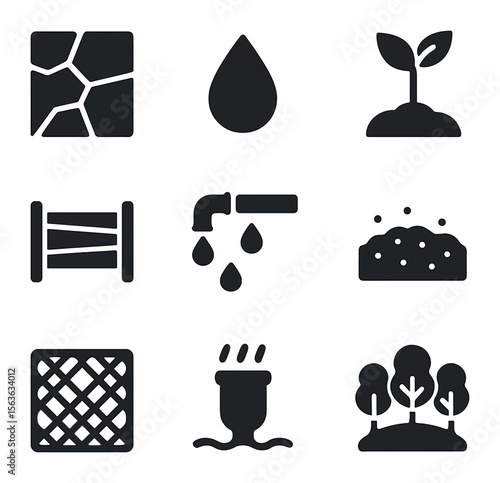 Desertification Prevention Icons. Solid, filled icons set of desertification prevention: cracked soil, water