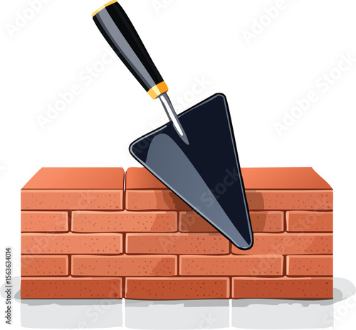 Construction illustration of a brick wall being built with a trowel and red bricks on a white background