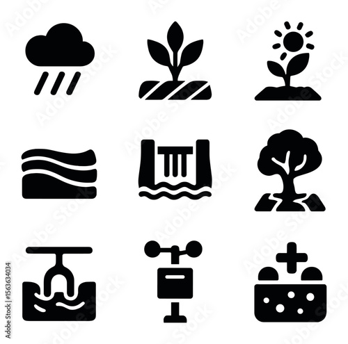 Dryland Adaptation Icons. Solid, filled icons set of climate adaptation for drylands: cloud with rain,