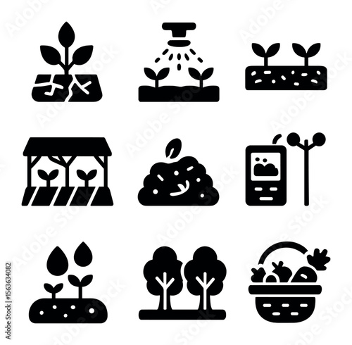 Arid Agriculture Icons. Solid, filled icons set of sustainable agriculture in arid zones: drought-tolerant