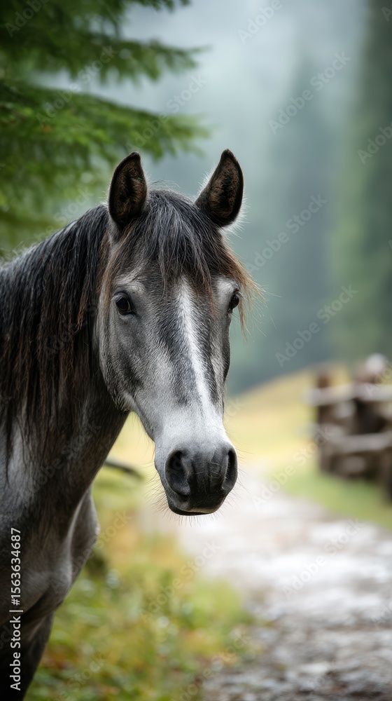Fototapeta premium Gray horse stands calmly near a forest trail surrounded by lush greenery in early morning light
