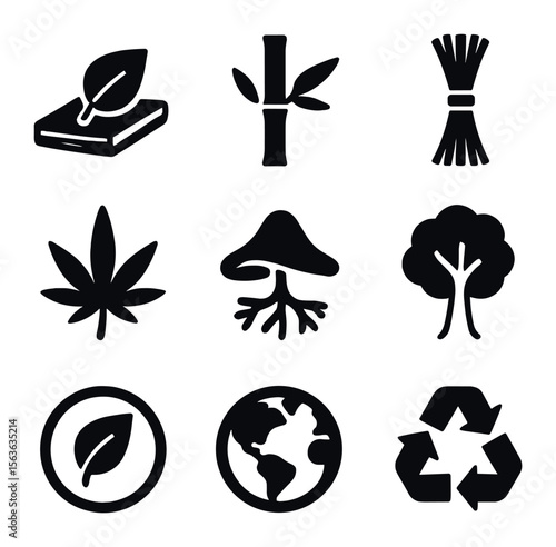 Renewable Materials Icons. Solid, filled icons set of renewable material symbols: leaf over plank, bamboo
