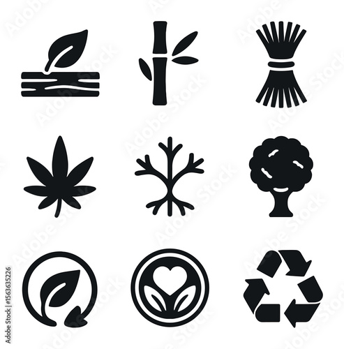 Renewable Materials Icons. Solid, filled icons set of renewable material symbols: leaf over plank, bamboo