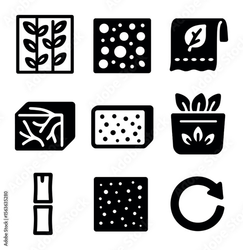 Regenerative Design Icons. Solid, filled icons set of regenerative design materials: living wall, moss panel,