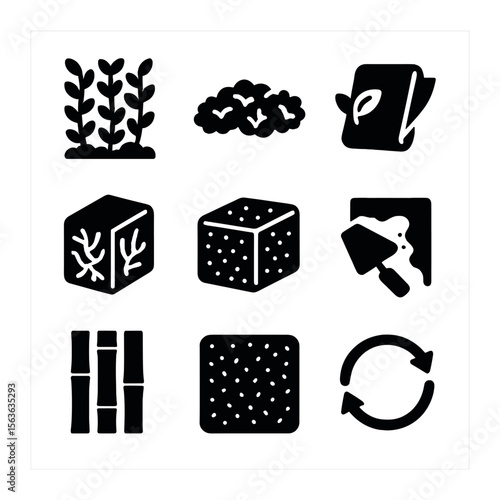 Regenerative Design Icons. Solid, filled icons set of regenerative design materials: living wall, moss panel,
