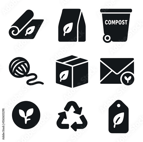 Eco-Friendly Packaging Icons. Solid, filled icons set of compostable packaging and delivery: biodegradable