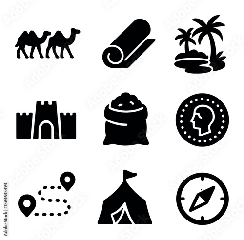 Silk Road Icon Set. Solid, filled icons set of Silk Road trade symbols: camel caravan, silk roll, desert oasis