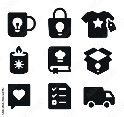 Creative Fundraising Icons. Solid, filled icons set of creative product fundraising: custom mug, branded tote,