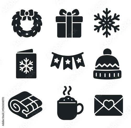 Seasonal Fundraising Icons. Solid, filled icons set of seasonal fundraising campaigns: holiday wreath, gift