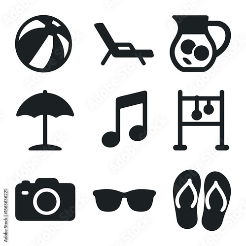 Summer Icon Set. Solid, filled icons set of fun summer activities: beach ball, lawn chair, lemonade pitcher,