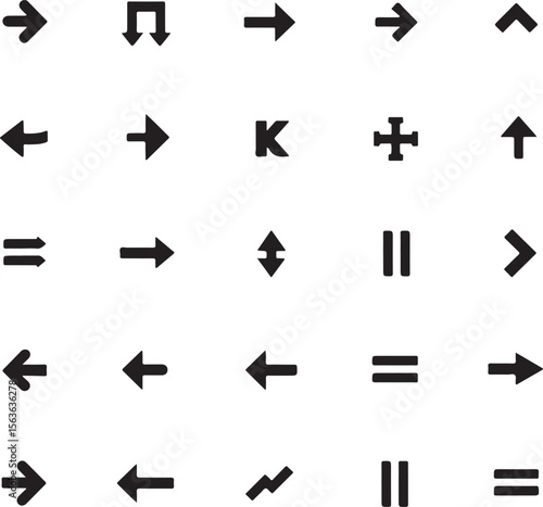 Collection of black arrows and symbols on white background vector icons