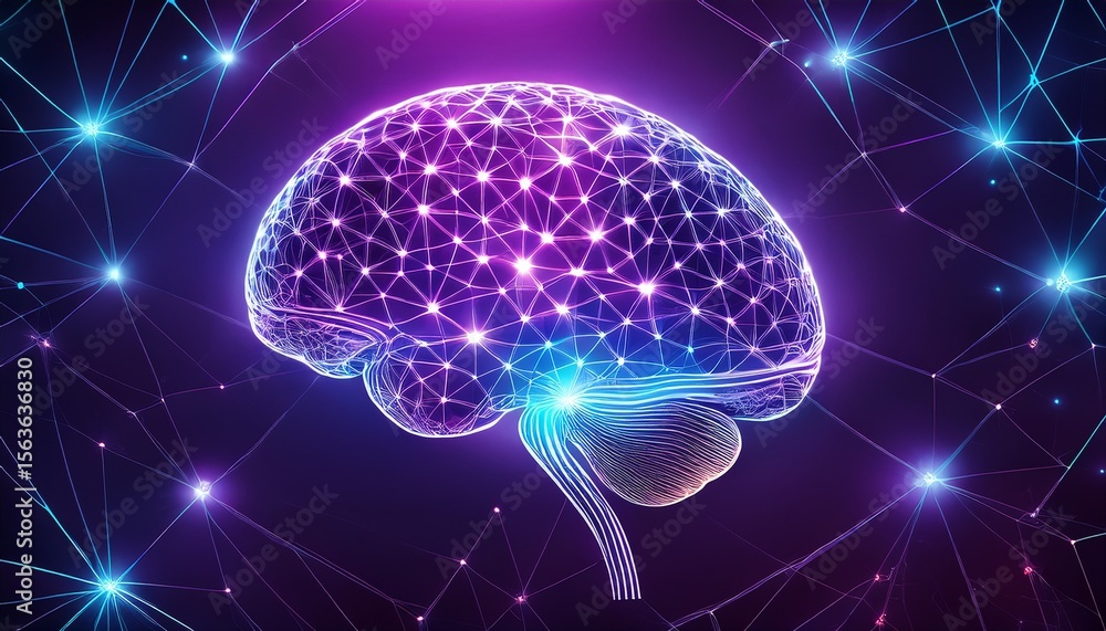 glowing brain connected by network futuristic neural connections on purple backdrop glowing brain connected by network futuristic neural connections on purple backdrop