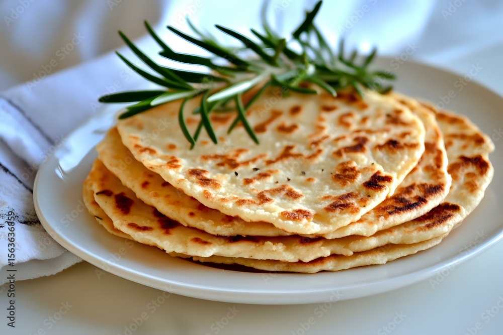 Stack of homemade golden flatbread with crispy spots and fresh rosemary sprig garnish on white plate against light background, close up food photography. Stack of homemade golden flatbread with crispy spots and fresh rosemary sprig garnish on white plate against light background, close up food photography.