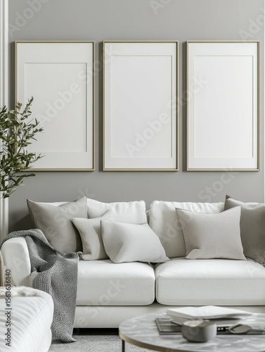ultra HD picture of Creative combination frames on wall of grey and white living room high detail