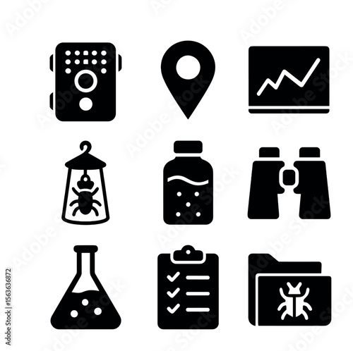 Monitoring Tools Icons. Solid, filled icons set of monitoring and research tools: field camera, GPS tracker,