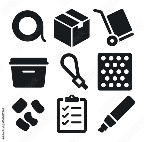 Moving Essentials Icons. Solid, filled icons set of moving and storage essentials: tape roll, moving box,