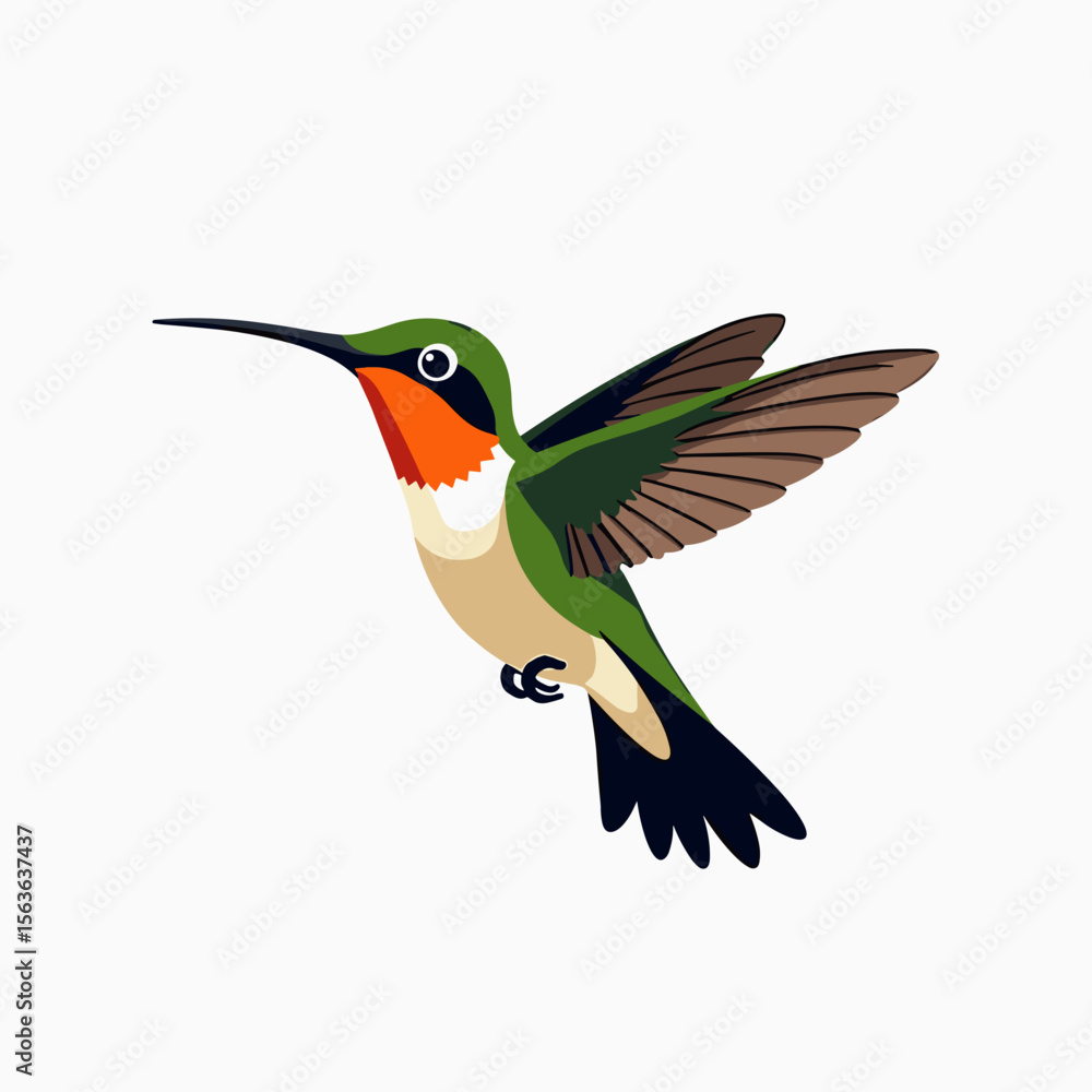 Obraz premium Colorful Hummingbird Flying with Green and Orange Plumage Vector Illustration on White Background