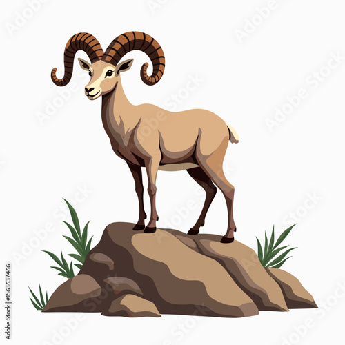 Illustration of a Majestic Bighorn Sheep Standing Proudly on a Rocky Outcrop with Greenery