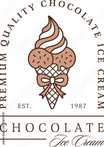 Chocolate ice cream dark cocoa flavor premium quality logo label sticker packaging template illustration. Fancy luxury girly coquette aesthetic waffle cone with bow treats print shirt design clipart.
