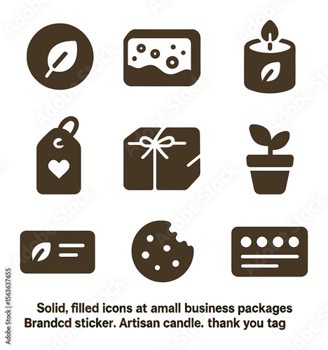 Small Business Icons Set. Solid, filled icons set of small business thank you packages: branded sticker,
