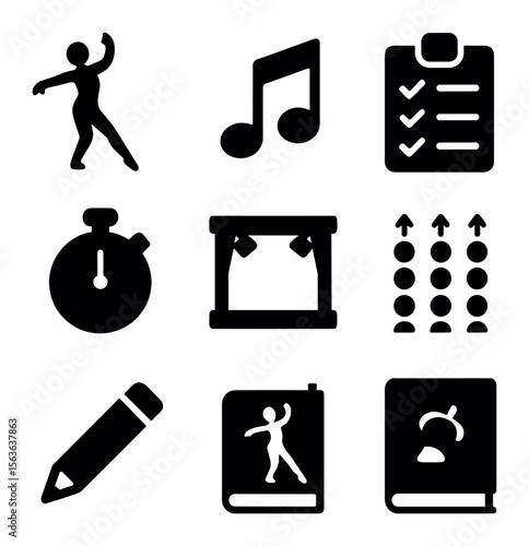 Dance Planning Icons. Solid, filled icons set of dance choreography planning: dancer silhouette, music note,