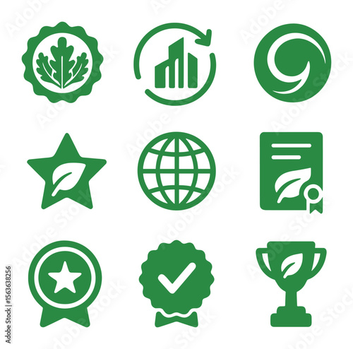 Green Certification Icons. Solid, filled icons set of green building certifications: LEED badge, BREEAM icon,