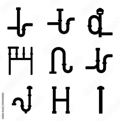 Venting System Icons. Solid, filled icons set of venting system configurations: single stack system, wet vent
