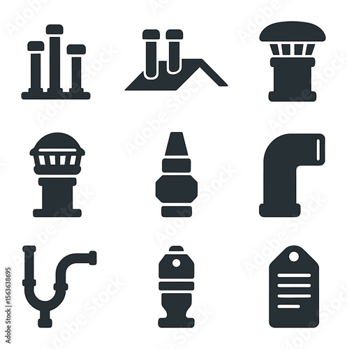 Modern Ventilation Icons. Solid, filled icons set of commercial vent pipe systems: multiple vent stacks, roof