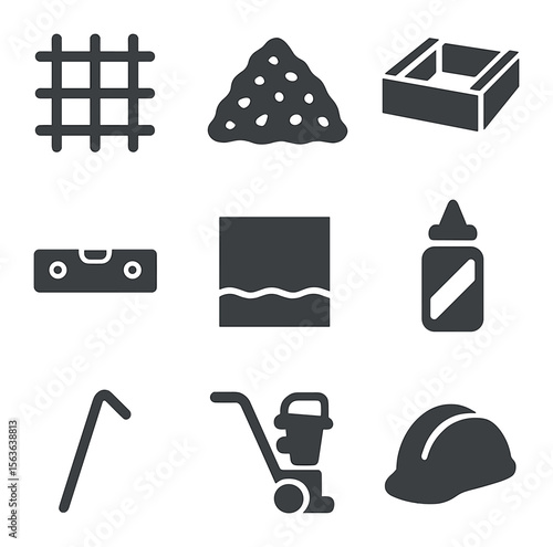 Concrete Prep Icons. Solid, filled icons set of concrete slab preparation: rebar grid, gravel base, wooden