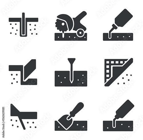 Concrete Joint Icons. Solid, filled icons set of slab edge and joint details: expansion joint, control joint