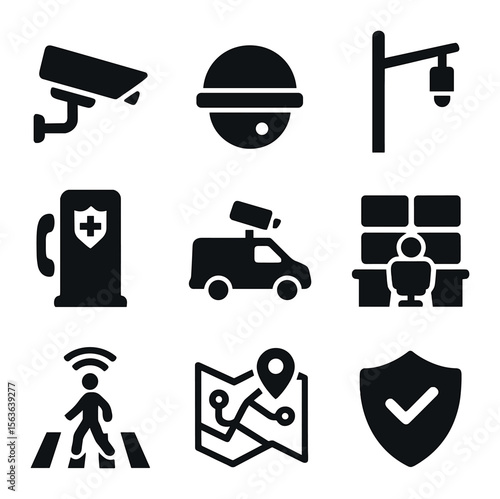 Urban Monitoring Icons. Solid, filled icons set of urban monitoring systems: traffic camera, public area dome,