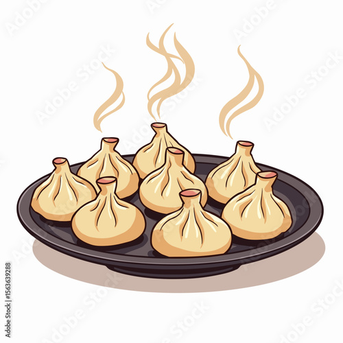 Illustration of Steaming Khinkali Dumplings Served on a Black Plate, Traditional Georgian Cuisine