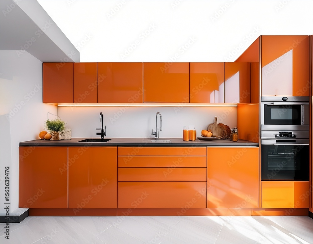 a modern kitchen design featuring orange cabinetry and appliances for cooking and storage on white background a modern kitchen design featuring orange cabinetry and appliances for cooking and storage on white background